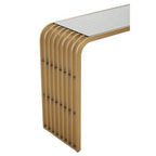 Matte Gold Slatted Console Table with Clear Glass Top | Vogue