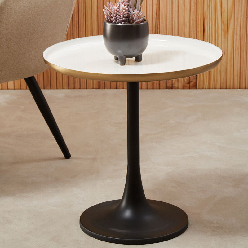 White Enamel Top Round Side Table with Matte Black Base | Corra