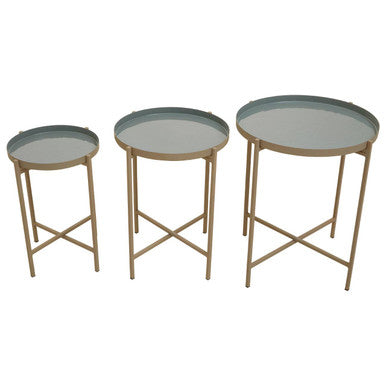 Set of 3 Grey Enamel Top Nesting Side Tables with Gold Finish X-Base Legs | Corra
