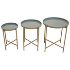 Set of 3 Grey Enamel Top Nesting Side Tables with Gold Finish X-Base Legs | Corra