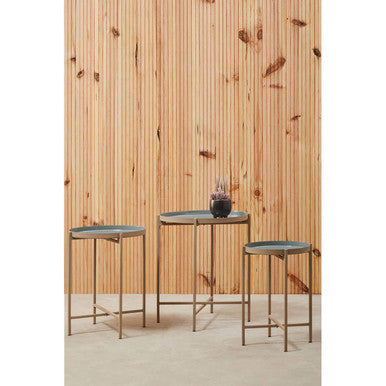 Set of 3 Grey Enamel Top Nesting Side Tables with Gold Finish X-Base Legs | Corra