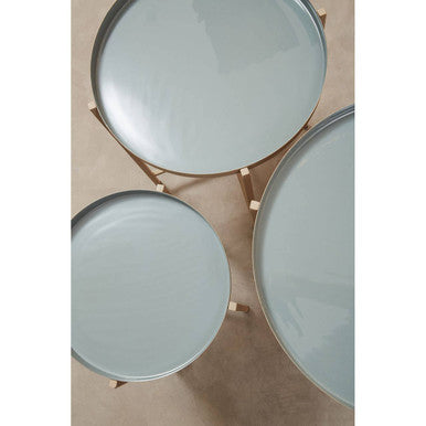 Set of 3 Grey Enamel Top Nesting Side Tables with Gold Finish X-Base Legs | Corra