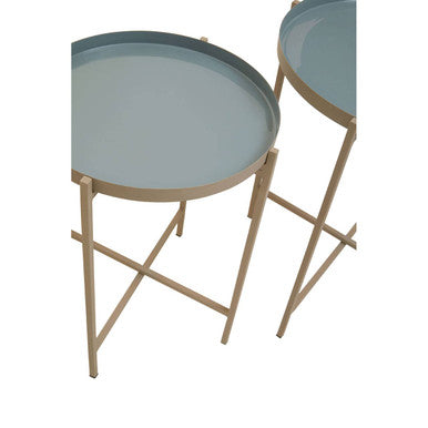 Set of 3 Grey Enamel Top Nesting Side Tables with Gold Finish X-Base Legs | Corra