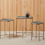 Set of 3 Grey Enamel Top Nesting Side Tables with Gold Finish X-Base Legs | Corra