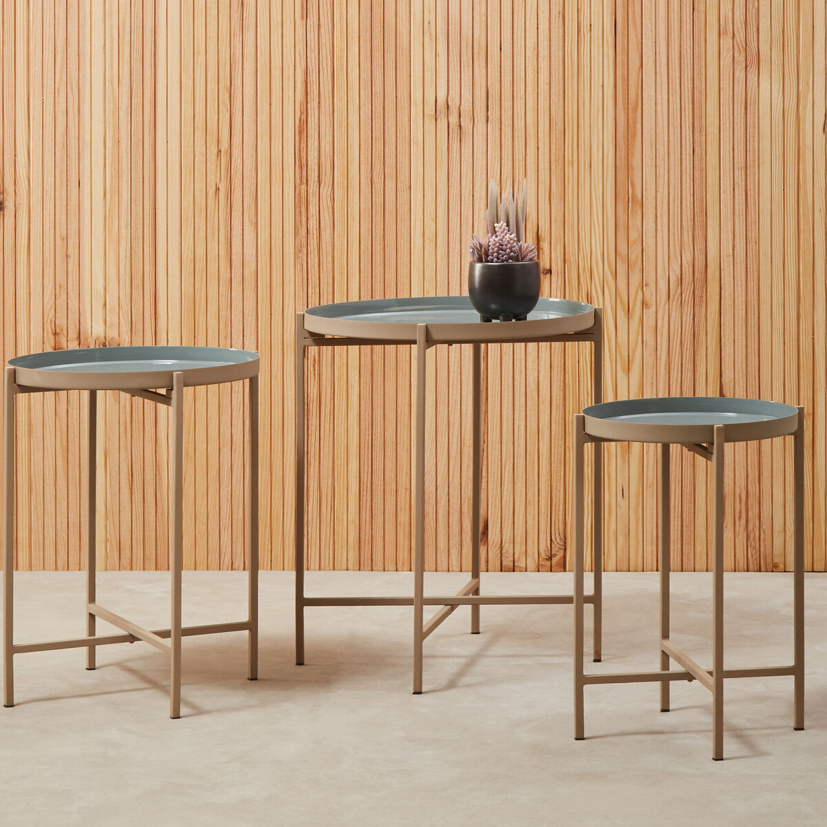 Set of 3 Grey Enamel Top Nesting Side Tables with Gold Finish X-Base Legs | Corra