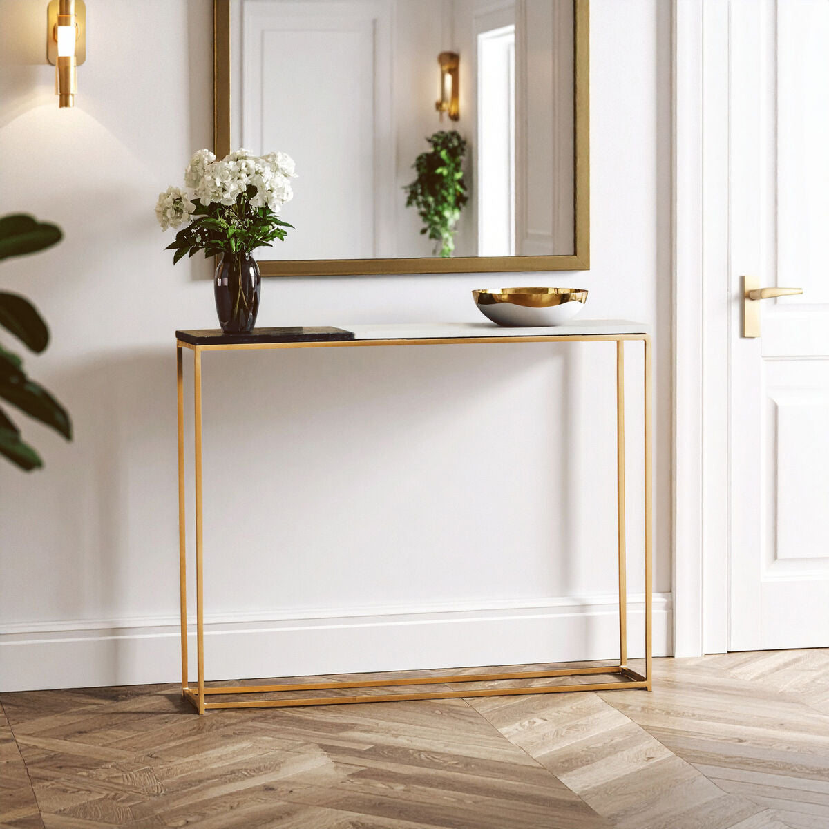 White and Black Marble Console Table with Warm Metallic Frame | Corra