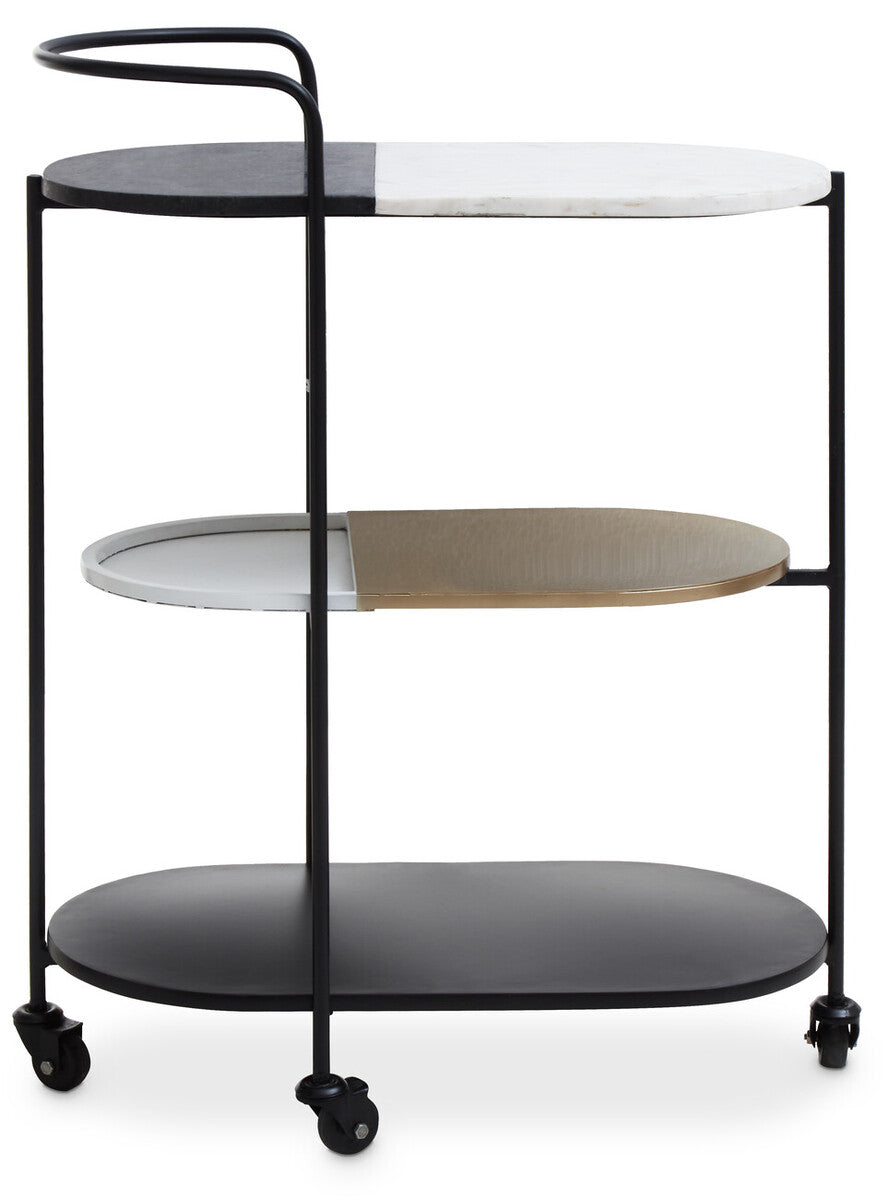 3 Tier White and Black Marble Top Trolley with Metal Frame | Corra