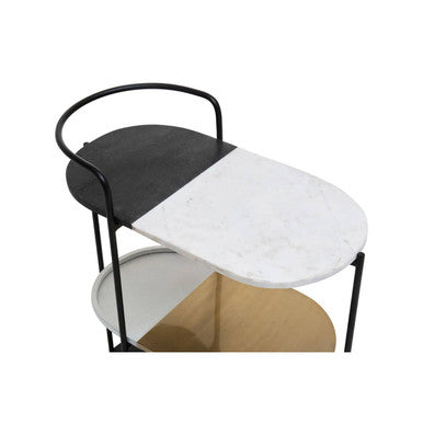 3 Tier White and Black Marble Top Trolley with Metal Frame | Corra