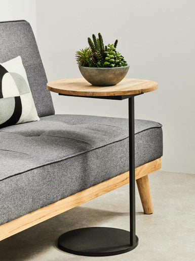 Natural Round Wooden Top C-Shaped Side Table Black Metal Base, Corra