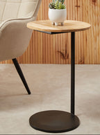 Natural Round Wooden Top C-Shaped Side Table Black Metal Base, Corra