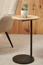 Natural Round Wooden Top C-Shaped Side Table Black Metal Base, Corra
