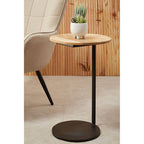 Natural Round Wooden Top C-Shaped Side Table Black Metal Base, Corra