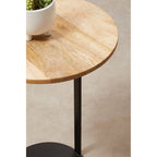 Natural Round Wooden Top C-Shaped Side Table Black Metal Base, Corra
