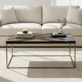 Black and Gold Striped Acacia Wood Coffee Table with Interconnected Metal Legs | Aris