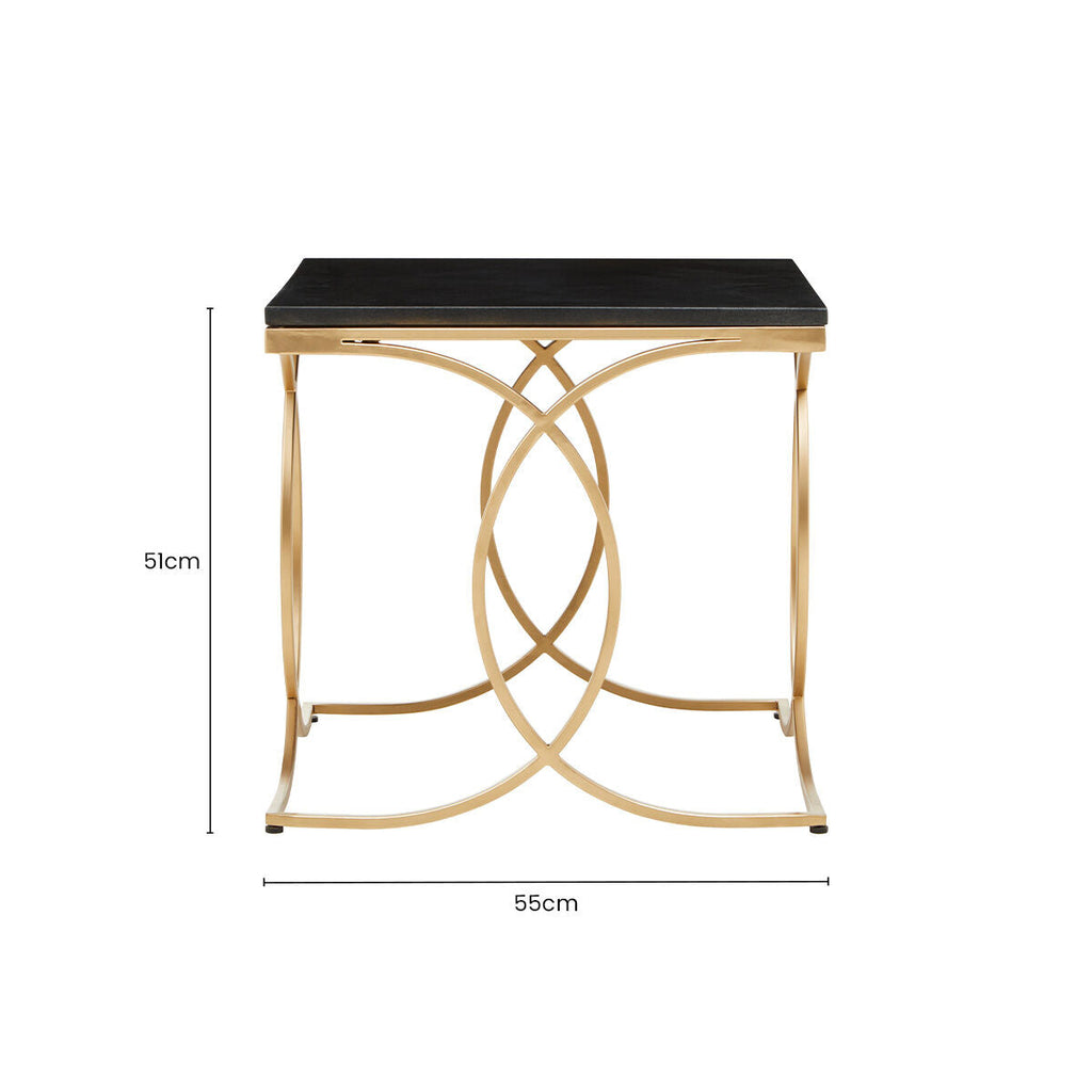 Black Marble Top Side Table with Gold Finish Interlocking Stainless Steel Frame | Kia