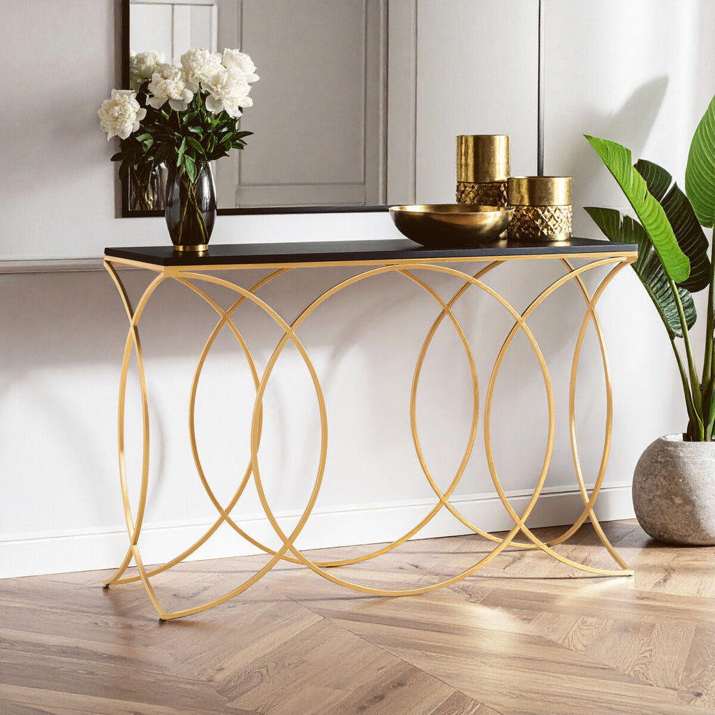 Black Marble Top Console Table with Curved Gold Finish Metal Frame | Kia