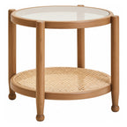 Grey Wash Elm Wood Side Table with Glass Top and Cane Shelf | Cebu
