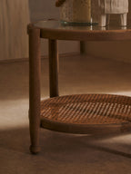 Grey Wash Elm Wood Side Table with Glass Top and Cane Shelf | Cebu