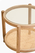Grey Wash Elm Wood Side Table with Glass Top and Cane Shelf | Cebu