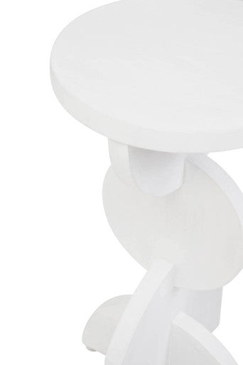 White Finish Mango Wood Abstract Side Table with Sculpted Geometric Base | Walsa