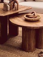 Natural Mango Wood Coffee Table with Column Base and Rounded Top | Walsa