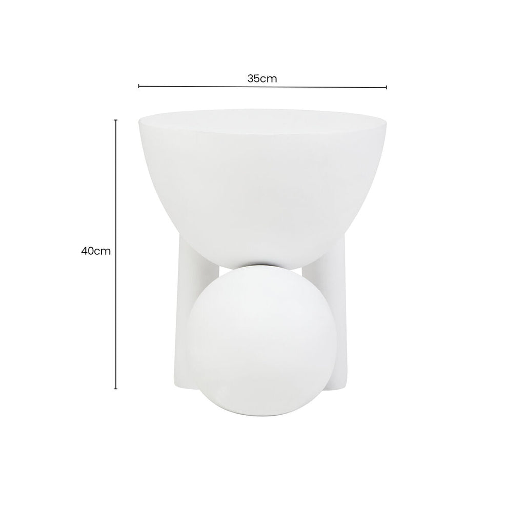 White Finish Mango Wood Round Side Table with Sphere and Semi-Cupped Legs, Walsa