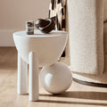 White Finish Mango Wood Round Side Table with Sphere and Semi-Cupped Legs, Walsa