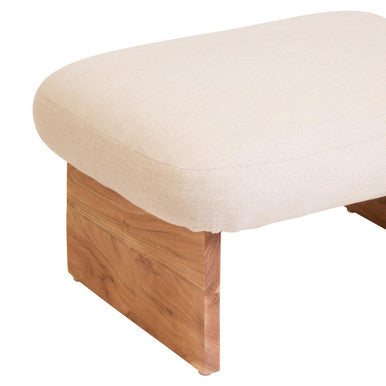 Cream Linen Textured Footstool with Wood Base | Parova