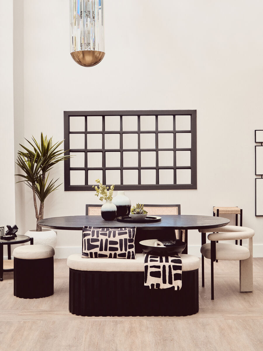 Black Finish Mango Wood and Cream Linen Stool | Perdoba