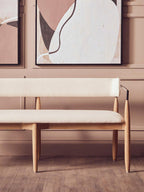 Cream Textured Fabric Dining Bench with Wood Frame | Persolo
