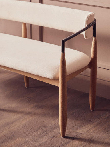 Cream Textured Fabric Dining Bench with Wood Frame | Persolo