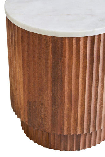Brown Mango Wood Carved Side Table with White Marble Top, Torcino