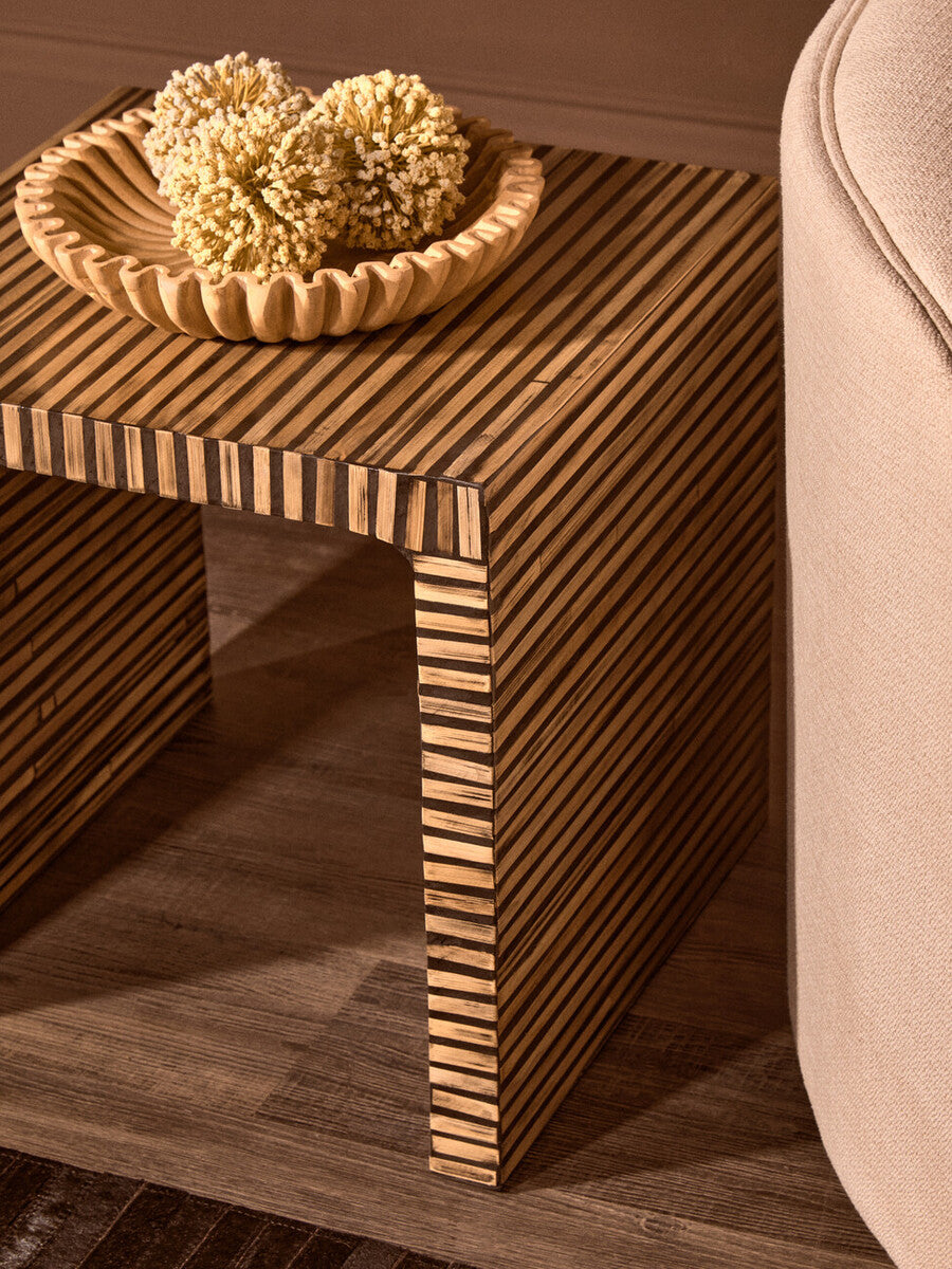 Natural Bamboo Inlay Square Side Table with Linear Pattern and Open Base, Bambusa