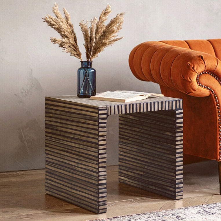 Natural Bamboo Inlay Square Side Table with Linear Pattern and Open Base, Bambusa