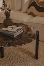 Black Round Marble Top Large Coffee Table with Black Acacia Legs | Palermo