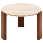 Cream Travertine Top Small Round Coffee Table with Natural Brown Acacia Wood Legs | Palermo