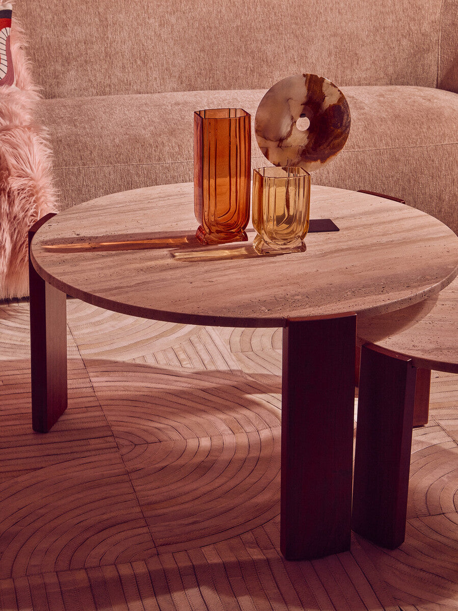 Cream Travertine Top Small Round Coffee Table with Natural Brown Acacia Wood Legs | Palermo