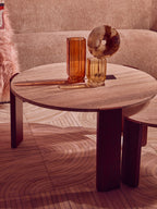 Cream Travertine Top Small Round Coffee Table with Natural Brown Acacia Wood Legs | Palermo