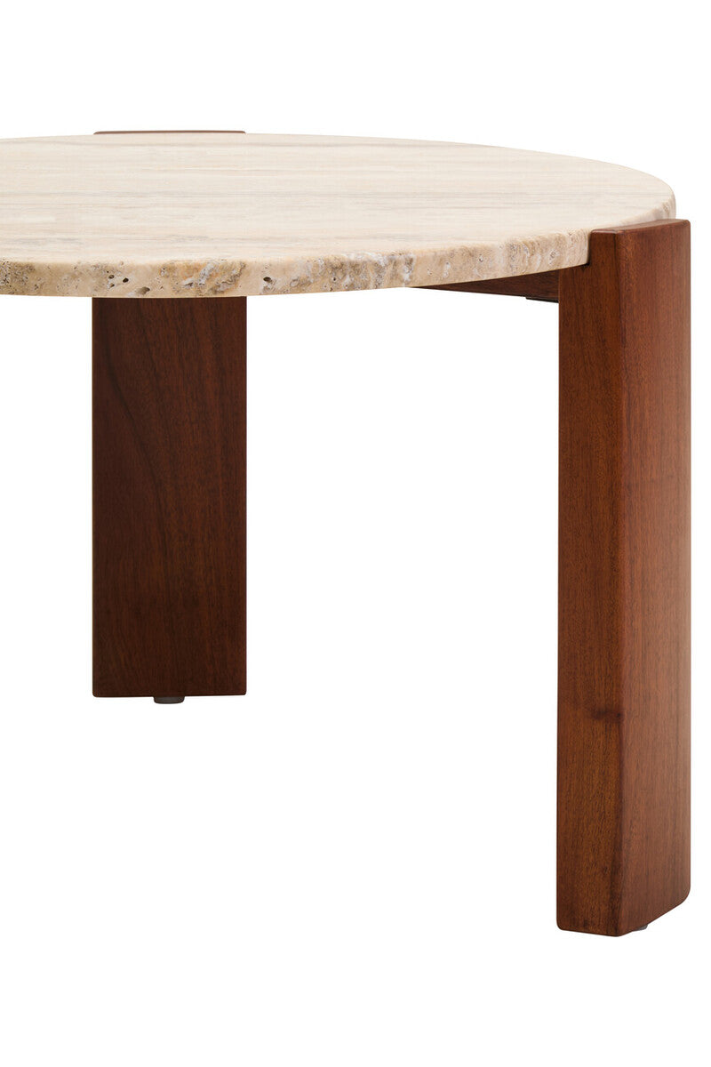Cream Travertine Top Small Round Coffee Table with Natural Brown Acacia Wood Legs | Palermo