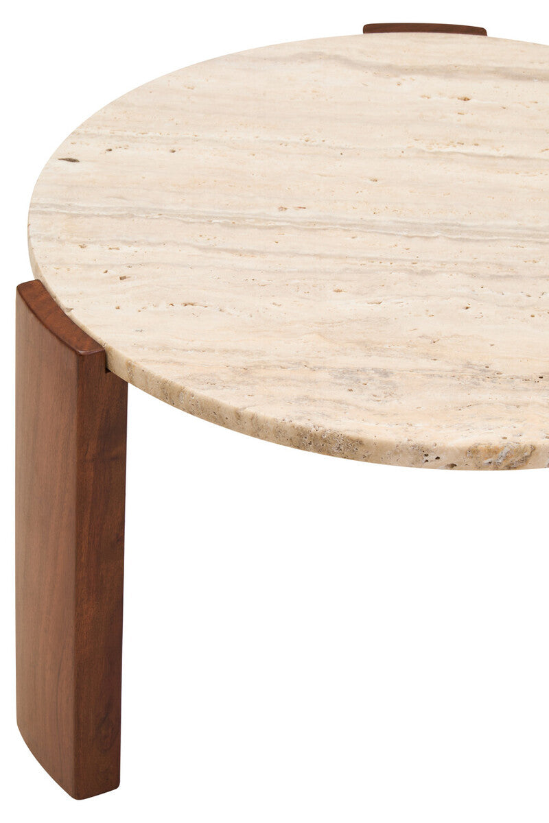 Cream Travertine Top Small Round Coffee Table with Natural Brown Acacia Wood Legs | Palermo