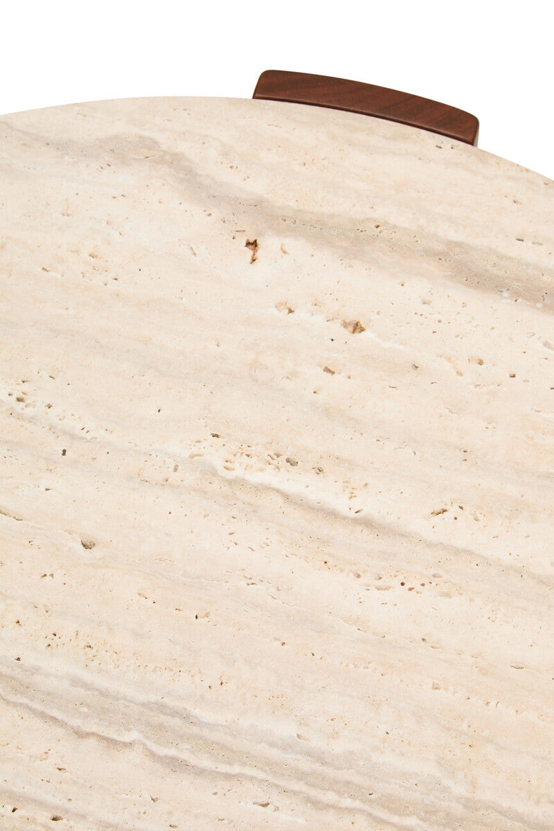 Cream Travertine Top Small Round Coffee Table with Natural Brown Acacia Wood Legs | Palermo