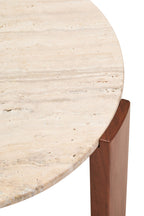 Cream Travertine Top Small Round Coffee Table with Natural Brown Acacia Wood Legs | Palermo