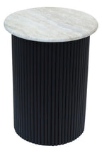 Cream Polished Travertine Top Side Table with Ridged Black Acacia Wood Cylindrical Base | Walton