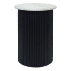Cream Polished Travertine Top Side Table with Ridged Black Acacia Wood Cylindrical Base | Walton