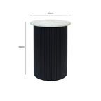 Cream Polished Travertine Top Side Table with Ridged Black Acacia Wood Cylindrical Base | Walton