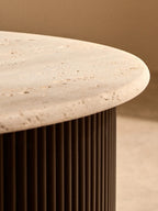 Cream Polished Travertine Top Coffee Table with Ridged Black Acacia Wood Drum Base | Walton