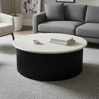 Cream Polished Travertine Top Coffee Table with Ridged Black Acacia Wood Drum Base | Walton