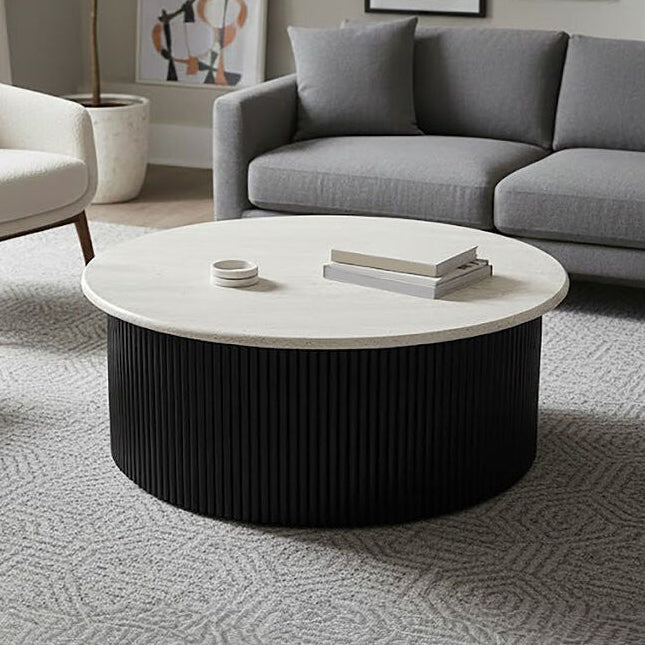 Cream Polished Travertine Top Coffee Table with Ridged Black Acacia Wood Drum Base, Walton