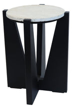 Cream Travertine Top Side Table with Black Acacia Wood Geometric Frame, Walton