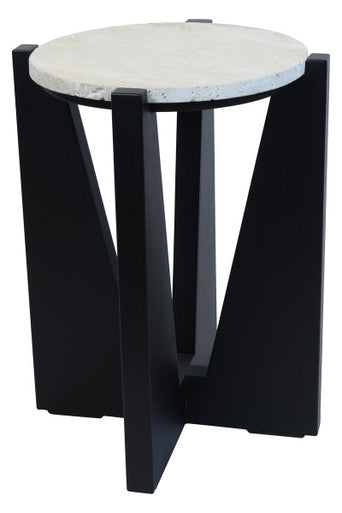 Cream Travertine Top Side Table with Black Acacia Wood Geometric Frame, Walton